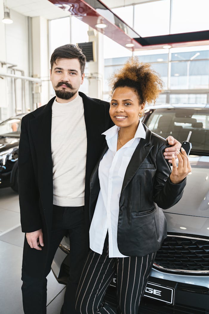 Photo of a Woman Holding a Car Key Beside a Man